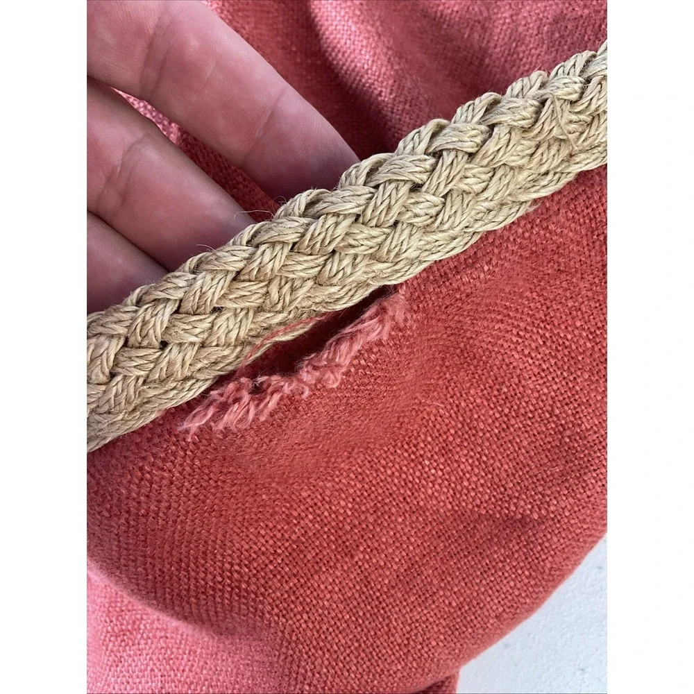 Set of 2 Pottery Barn Throw Pillow Cover Rust 100% Linen Braided Trim Jute 20x20